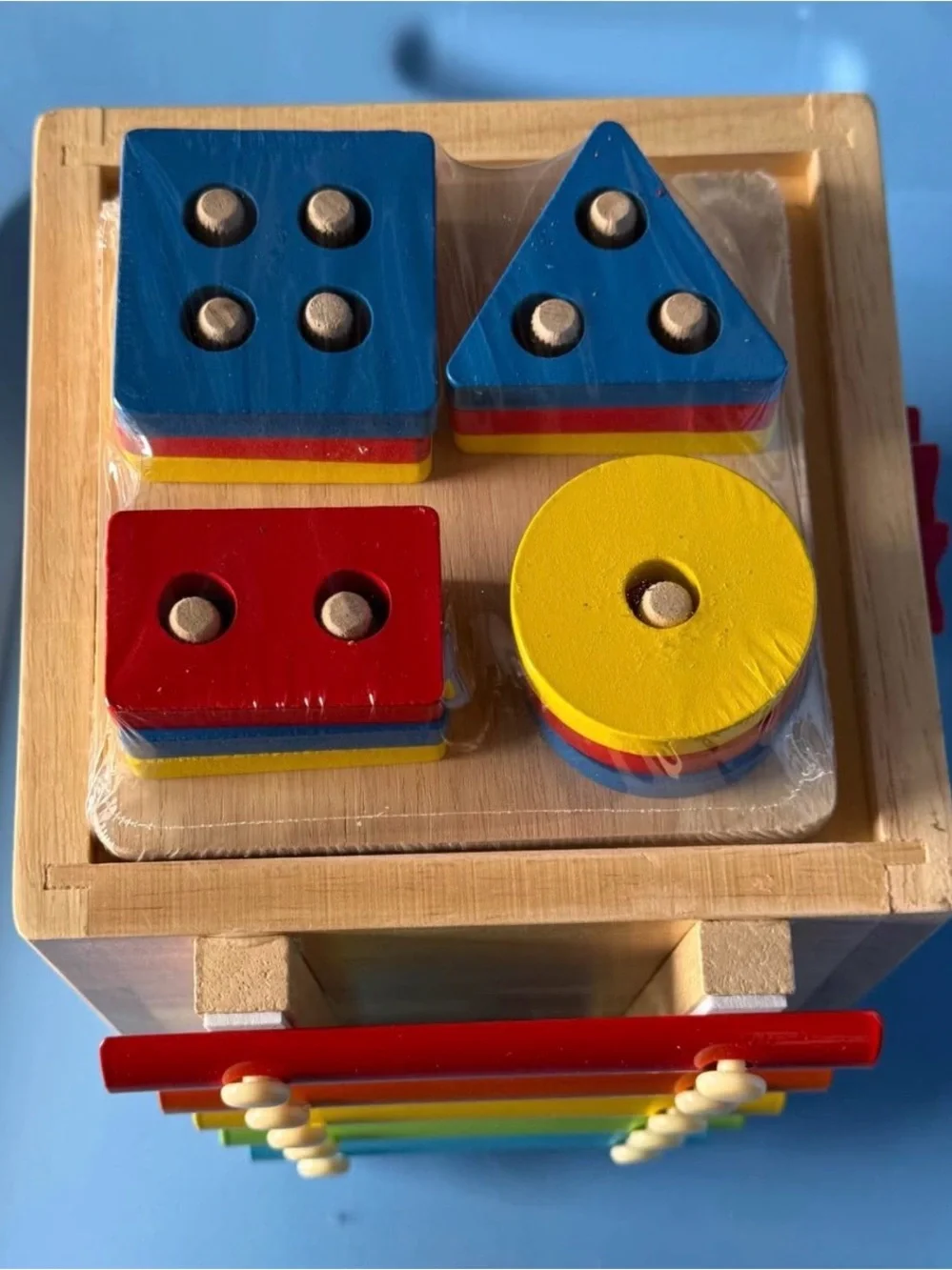 Wooden Activity Cube with Yellow, Blue, and Pink Gears - Kids Toys